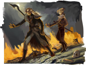 Two characters cast magic spells to burn the bodies of the dead on a battlefield.