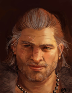 Close up portrait of Varric Tethras from Dragon Age Inquisition.