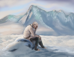 Digital painting of Solas from Dragon Age Inquisition on frozen mountains, grieving.