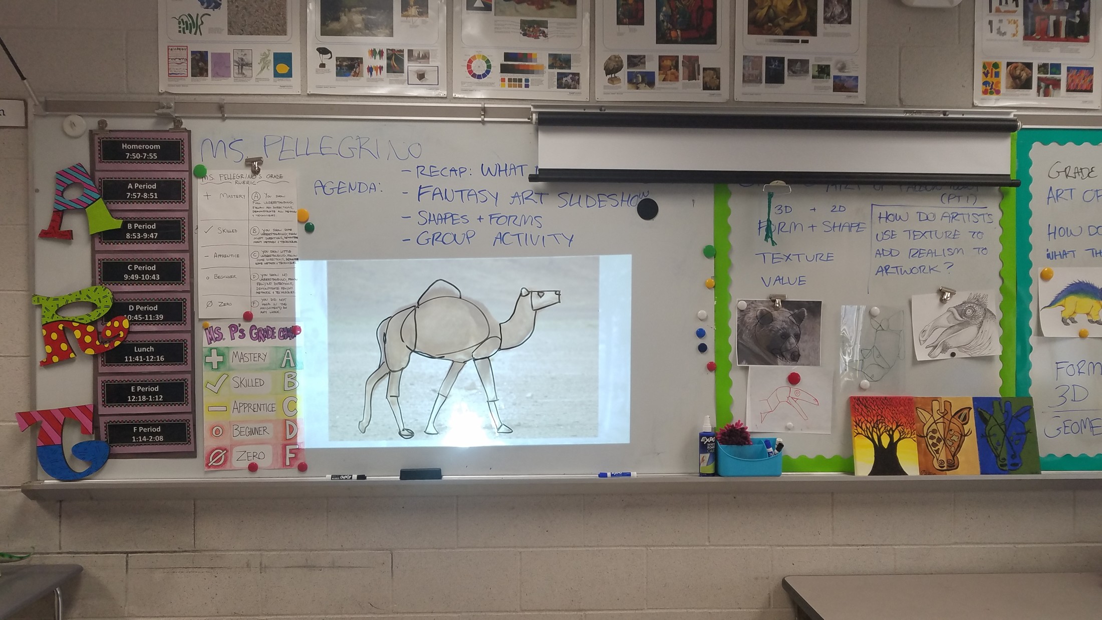 Students draw on a whiteboard in a collaborative exercise using a projected photograph in order to take a complex 2D image and simplify it into something that is much easier to draw. This exercise is used in preparation and formative assessment for a complex drawing assignment.