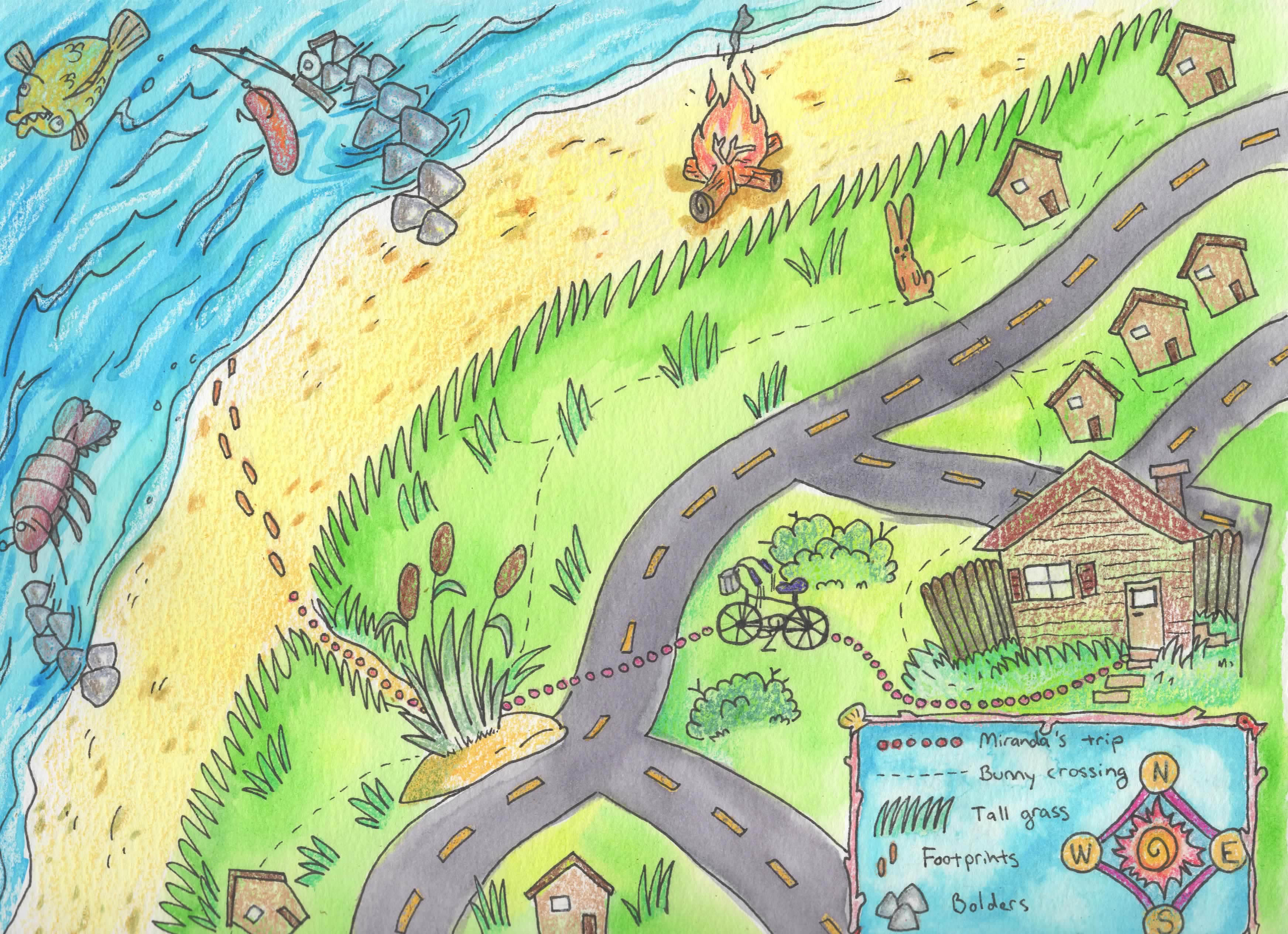 Students create a memory map illustration with legend, paths, and important locations.